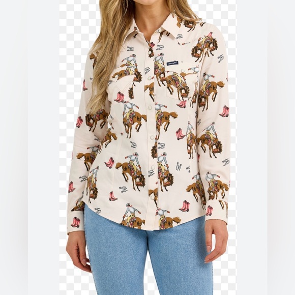 Wrangler Tops - Wrangler Retro shirt Cream Western Print Horses de Button-Up Women’s size xs